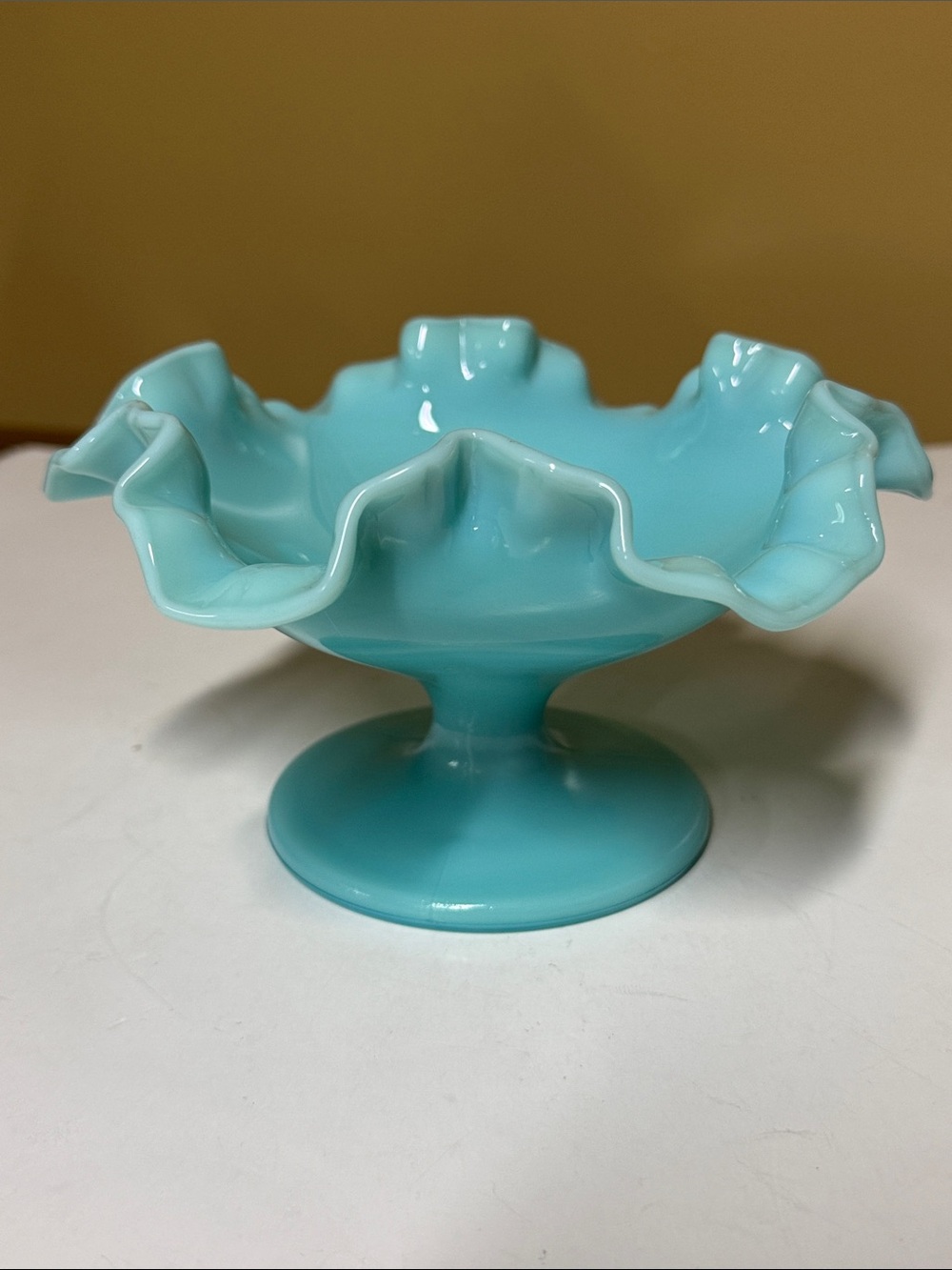 Fenton Pastel Turquoise Pedestal Dish Blue Milk Glass Ruffled Edges 6.75” diam.